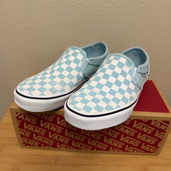 Vans “Asher” Aqua Blue and White Checkered Slip-Ons - 8 Women’s - Picture 3 of 12